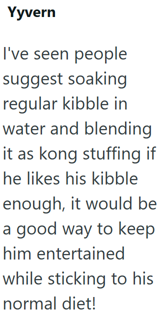 Yyvern I've seen people suggest soaking regular kibble in water and blending it as kong stuffing if he likes his kibble enough, it would be a good way to keep him entertained while sticking to his normal diet!