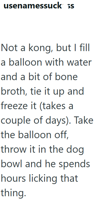 usenamessuck ss Not a kong, but I fill a balloon with water and a bit of bone broth, tie it up and freeze it (takes a couple of days). Take the balloon off, throw it in the dog bowl and he spends hours licking that thing.
