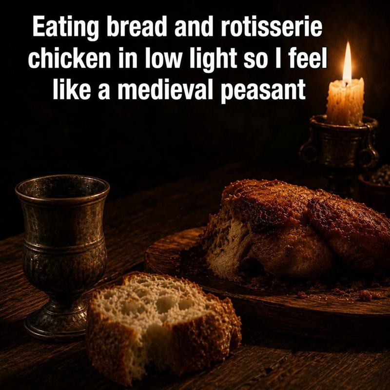 Eating bread and rotisserie chicken in low light so I feel like a medieval peasant