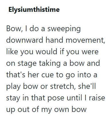 Elysiumthistime Bow, I do a sweeping downward hand movement, like you would if you were on stage taking a bow and that's her cue to go into a play bow or stretch, she'll stay in that pose until I raise up out of my own bow