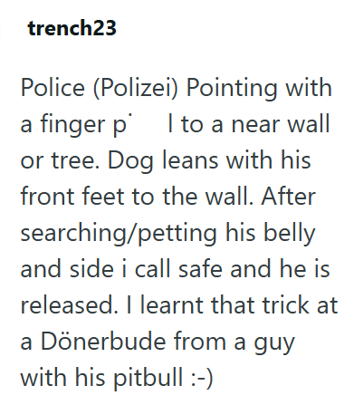 trench23 Police (Polizei) Pointing with a finger p I to a near wall or tree. Dog leans with his front feet to the wall. After searching/petting his belly and side i call safe and he is released. I learnt that trick at a Dönerbude from a guy with his pitbull :-)