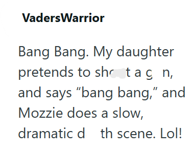 VadersWarrior Bang Bang. My daughter pretends to she tag n, and says "bang bang," and Mozzie does a slow, dramatic d th scene. Lol!