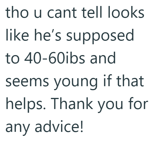 tho u cant tell looks like he's supposed to 40-60ibs and seems young if that helps. Thank you for any advice!