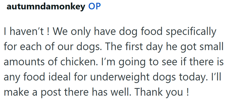 autumndamonkey OP I haven't! We only have dog food specifically for each of our dogs. The first day he got small amounts of chicken. I'm going to see if there is any food ideal for underweight dogs today. I'll make a post there has well. Thank you!