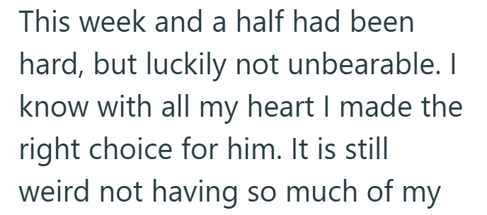 This week and a half had been hard, but luckily not unbearable. I know with all my heart I made the right choice for him. It is still weird not having so much of my