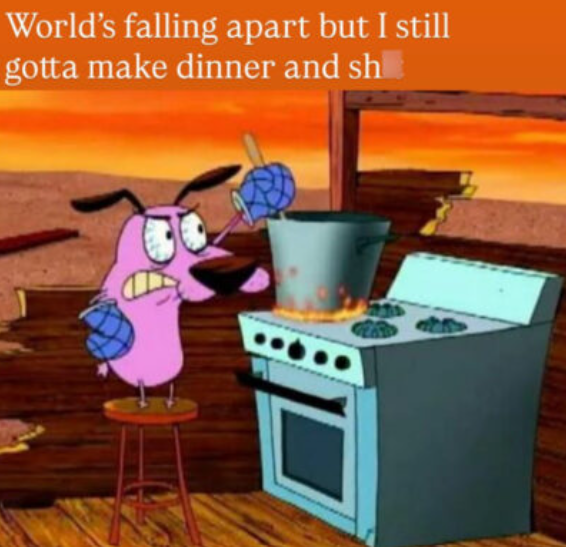 World's falling apart but I still gotta make dinner and sh