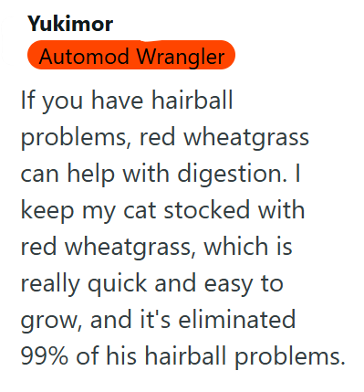 Yukimor Automod Wrangler If you have hairball problems, red wheatgrass can help with digestion. I keep my cat stocked with red wheatgrass, which is really quick and easy to grow, and it's eliminated 99% of his hairball problems.