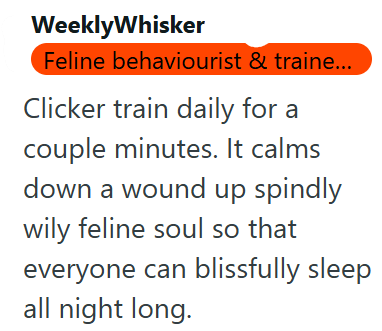 Weekly Whisker Feline behaviourist & traine... Clicker train daily for a couple minutes. It calms down a wound up spindly wily feline soul so that everyone can blissfully sleep all night long.