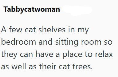 Tabbycatwoman A few cat shelves in my bedroom and sitting room so they can have a place to relax as well as their cat trees.