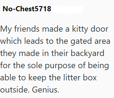 No-Chest5718 My friends made a kitty door which leads to the gated area they made in their backyard for the sole purpose of being able to keep the litter box outside. Genius.