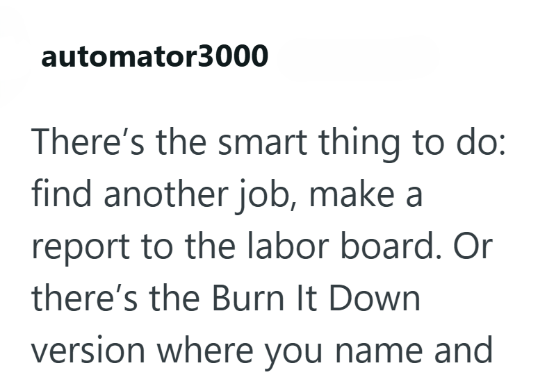 automator3000 There's the smart thing to do: find another job, make a report to the labor board. Or there's the Burn It Down version where you name and