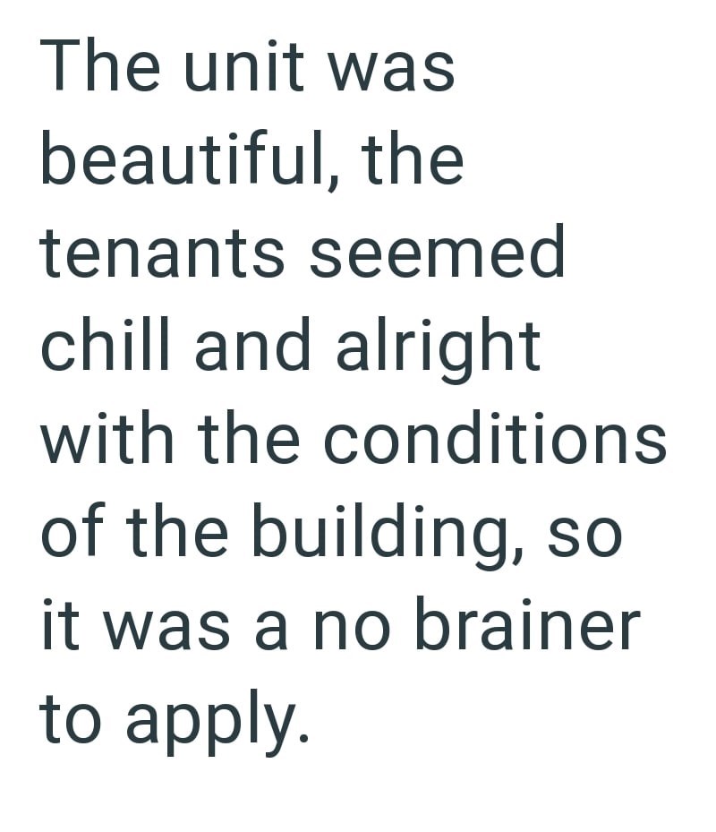 The unit was beautiful, the tenants seemed chill and alright with the conditions of the building, so it was a no brainer to apply.