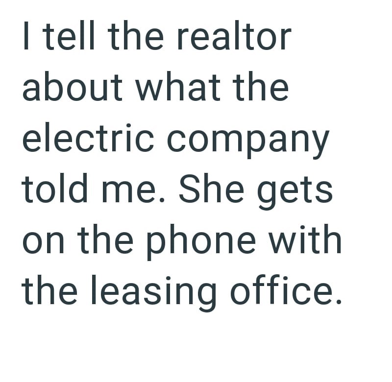 I tell the realtor about what the electric company told me. She gets on the phone with the leasing office.