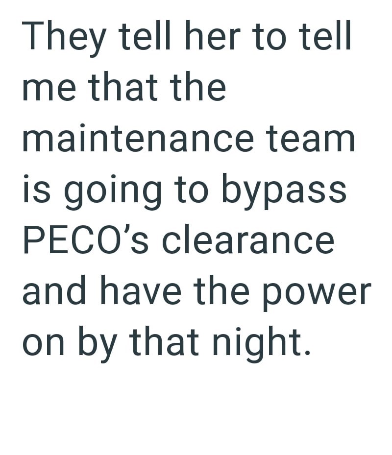 They tell her to tell me that the maintenance team is going to bypass PECO's clearance and have the power on by that night.