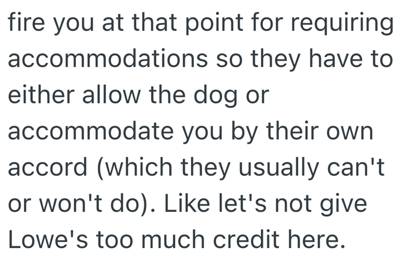 fire you at that point for requiring accommodations so they have to either allow the dog or accommodate you by their own accord (which they usually can't or won't do). Like let's not give Lowe's too much credit here.