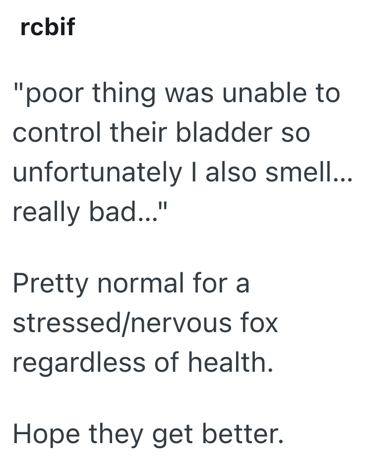 rcbif "poor thing was unable to control their bladder so unfortunately I also smell... really bad..." Pretty normal for a stressed/nervous fox regardless of health. Hope they get better.