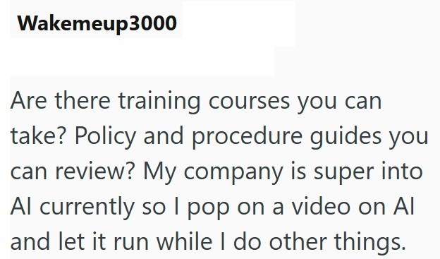 Wakemeup3000 Are there training courses you can take? Policy and procedure guides you can review? My company is super into Al currently so I pop on a video on Al and let it run while I do other things.