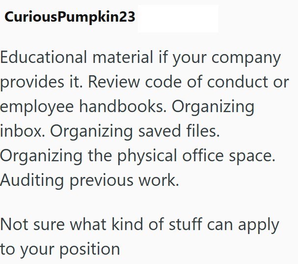 CuriousPumpkin23 Educational material if your company provides it. Review code of conduct or employee handbooks. Organizing inbox. Organizing saved files. Organizing the physical office space. Auditing previous work. Not sure what kind of stuff can apply to your position