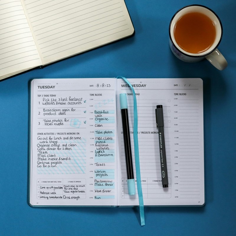 A notebook with a to-do list, a pen, and a marker.