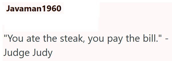 Javaman1960 "You ate the steak, you pay the bill." - Judge Judy