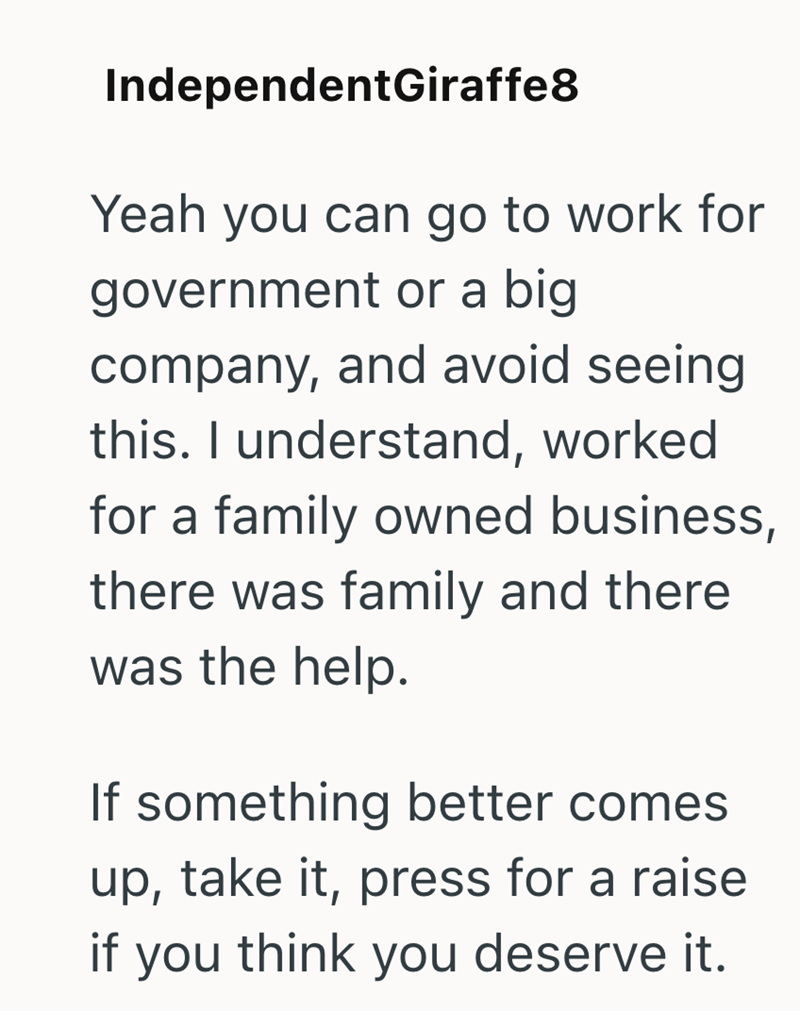 IndependentGiraffe8 Yeah you can go to work for government or a big company, and avoid seeing this. I understand, worked for a family owned business, there was family and there was the help. If something better comes up, take it, press for a raise if you think you deserve it.
