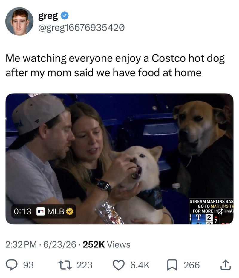 greg⭑ @greg16676935420 Me watching everyone enjoy a Costco hot dog after my mom said we have food at home 0:13 MLB 2:32 PM 6/23/26 252K Views 93 17223 STREAM MARLINS BAS GO TO MARLINS.TV FOR MORE INFORMAT T2 7 6.4K ☐ 266 ↑