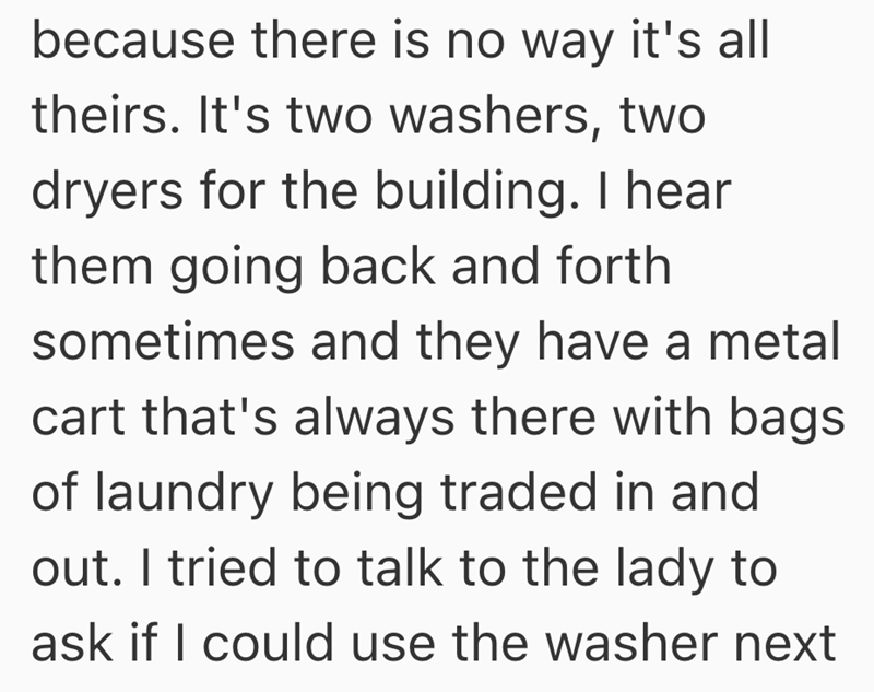 because there is no way it's all theirs. It's two washers, two dryers for the building. I hear them going back and forth sometimes and they have a metal cart that's always there with bags of laundry being traded in and out. I tried to talk to the lady to ask if I could use the washer next