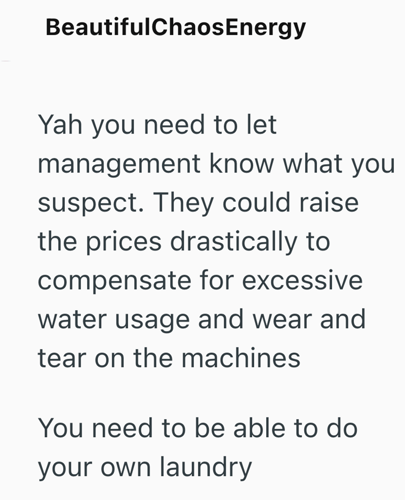 BeautifulChaosEnergy Yah you need to let management know what you suspect. They could raise the prices drastically to compensate for excessive water usage and wear and tear on the machines You need to be able to do your own laundry