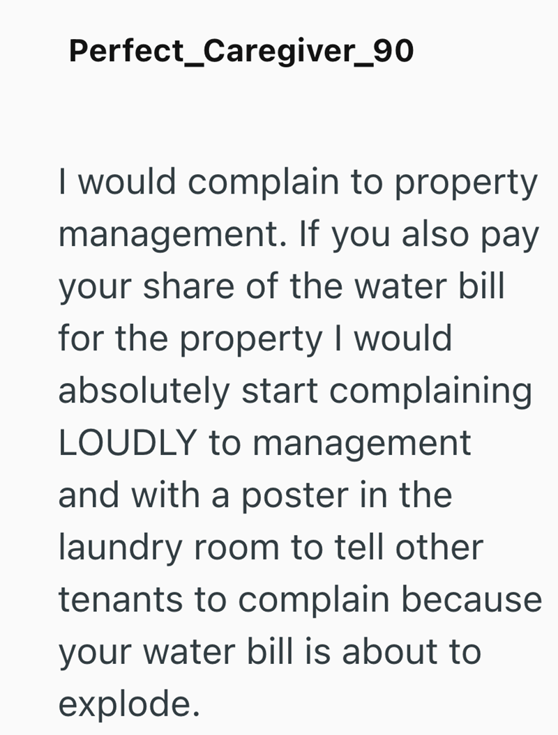 Perfect_Caregiver_90 I would complain to property management. If you also pay your share of the water bill for the property I would absolutely start complaining LOUDLY to management and with a poster in the laundry room to tell other tenants to complain because your water bill is about to explode.