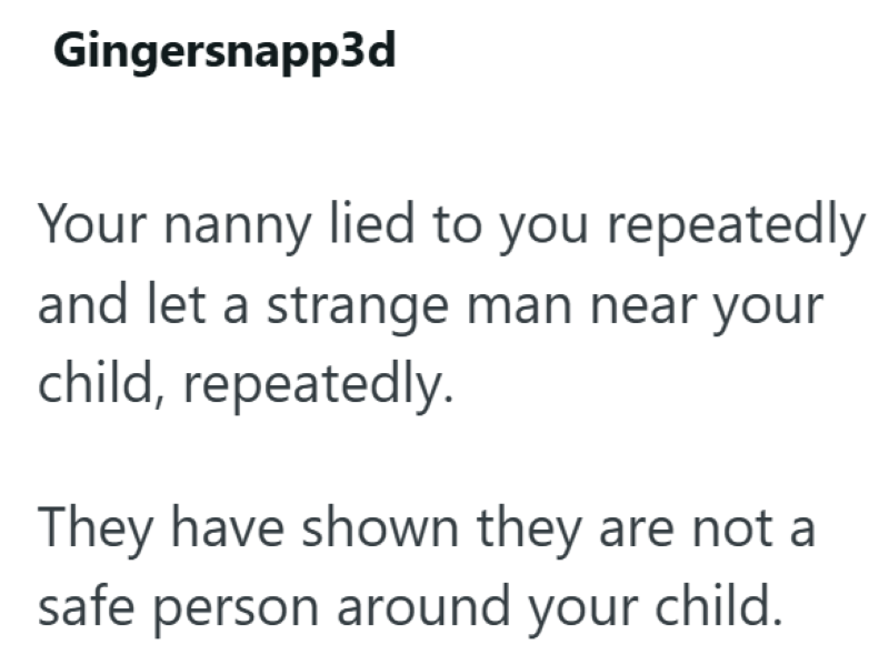 Gingersnapp3d Your nanny lied to you repeatedly and let a strange man near your child, repeatedly. They have shown they are not a safe person around your child.