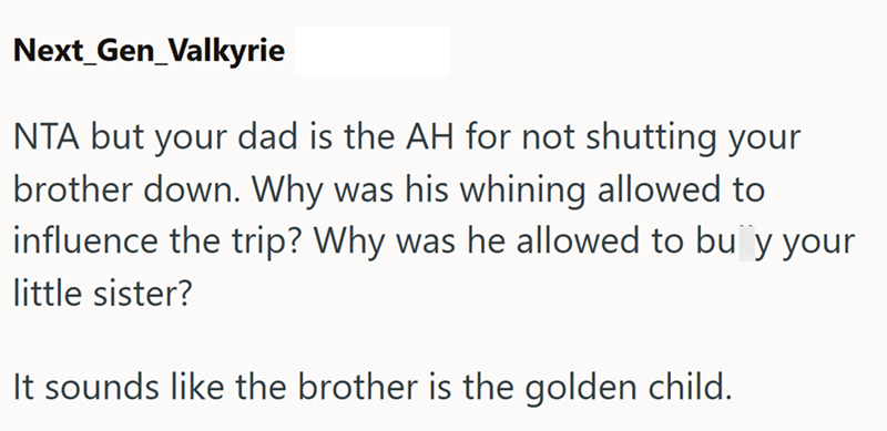 Next Gen Valkyrie NTA but your dad is the AH for not shutting your brother down. Why was his whining allowed to influence the trip? Why was he allowed to buy your little sister? It sounds like the brother is the golden child.