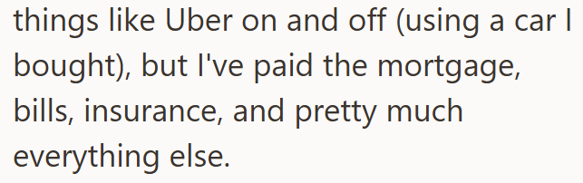 things like Uber on and off (using a car | bought), but I've paid the mortgage, bills, insurance, and pretty much everything else.