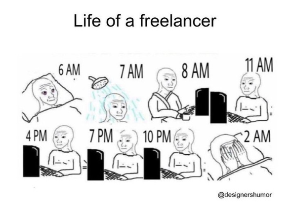 Life of a freelancer 6 AM 7 AM 8 AM 11 AM 4 PM 7 PM 10 PM 2 AM @designershumor
