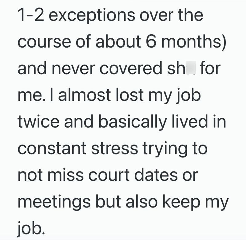 1-2 exceptions over the course of about 6 months) and never covered sh for me. I almost lost my job twice and basically lived in constant stress trying to not miss court dates or meetings but also keep my job.