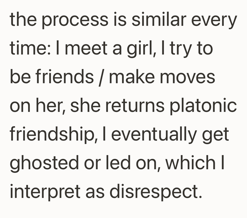 the process is similar every time: I meet a girl, I try to be friends / make moves on her, she returns platonic friendship, I eventually get ghosted or led on, which I interpret as disrespect.