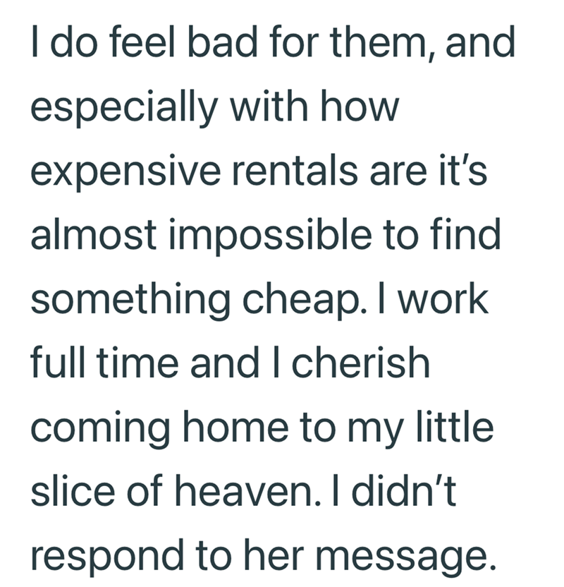 I do feel bad for them, and especially with how expensive rentals are it's almost impossible to find something cheap. I work full time and I cherish coming home to my little slice of heaven. I didn't respond to her message.