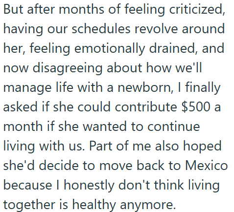 But after months of feeling criticized, having our schedules revolve around her, feeling emotionally drained, and now disagreeing about how we'll manage life with a newborn, I finally asked if she could contribute $500 a month if she wanted to continue living with us. Part of me also hoped she'd decide to move back to Mexico because I honestly don't think living together is healthy anymore.
