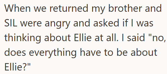When we returned my brother and SIL were angry and asked if I was thinking about Ellie at all. I said "no, does everything have to be about Ellie?"