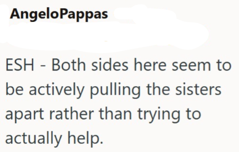 AngeloPappas ESH - Both sides here seem to be actively pulling the sisters apart rather than trying to actually help.