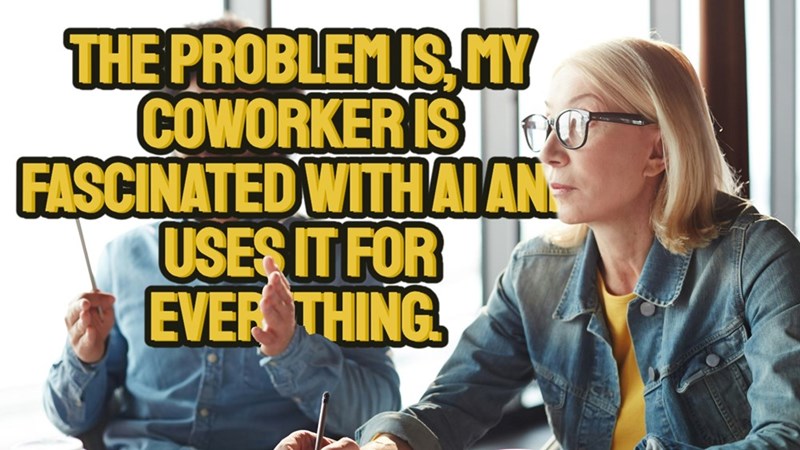Two workers in a starkly lit office have a tense conversation about the quality of her AI-generated work.
