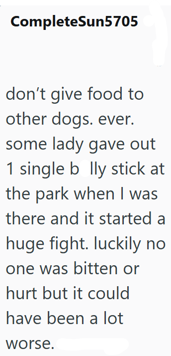 CompleteSun5705 don't give food to other dogs. ever. some lady gave out 1 single b lly stick at the park when I was there and it started a huge fight. luckily no one was bitten or hurt but it could have been a lot worse.