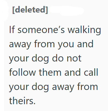 [deleted] If someone's walking away from you and your dog do not follow them and call your dog away from theirs.