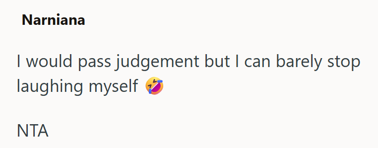 Narniana I would pass judgement but I can barely stop laughing myself NTA