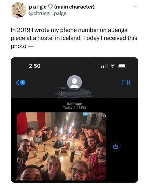 paige (main character) @citrusgirlpaige In 2019 I wrote my phone number on a Jenga piece at a hostel in Iceland. Today I received this photo- 2:50 iMessage Today 2:45 PM