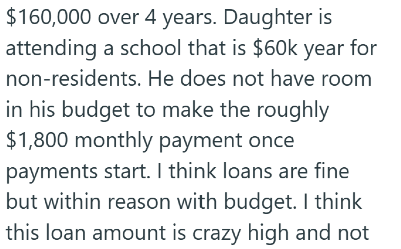 $160,000 over 4 years. Daughter is attending a school that is $60k year for non-residents. He does not have room in his budget to make the roughly $1,800 monthly payment once payments start. I think loans are fine but within reason with budget. I think this loan amount is crazy high and not