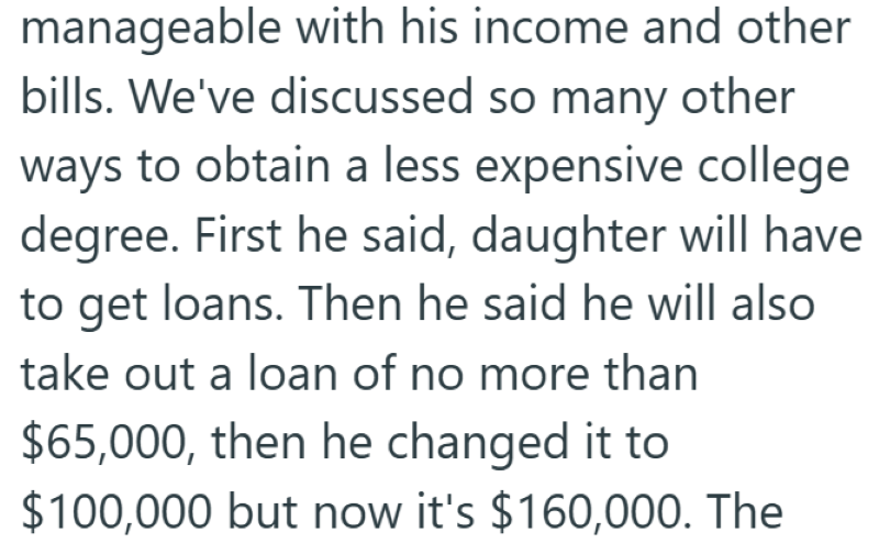 manageable with his income and other bills. We've discussed so many other ways to obtain a less expensive college degree. First he said, daughter will have to get loans. Then he said he will also take out a loan of no more than $65,000, then he changed it to $100,000 but now it's $160,000. The