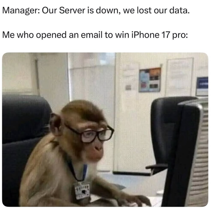 Manager: Our Server is down, we lost our data. Me who opened an email to win iPhone 17 pro: