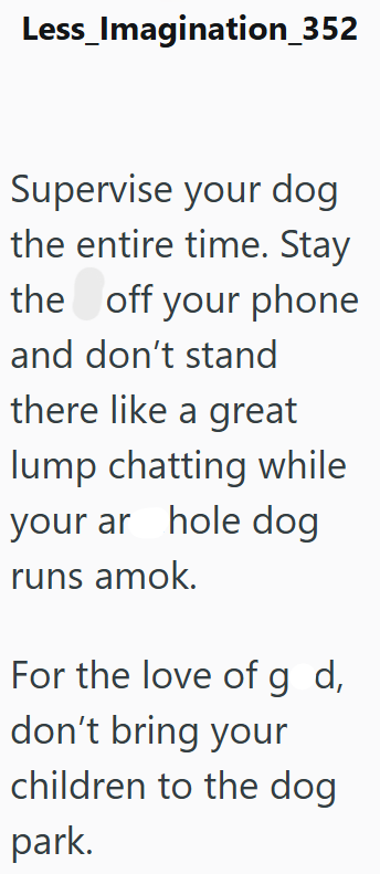 Less_Imagination_352 Supervise your dog the entire time. Stay the off your phone and don't stand there like a great lump chatting while your ar hole dog runs amok. For the love of g d, don't bring your children to the dog park.