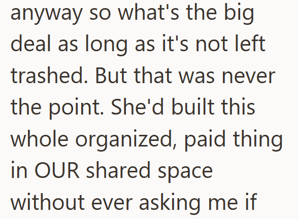 anyway so what's the big deal as long as it's not left trashed. But that was never the point. She'd built this whole organized, paid thing in OUR shared space without ever asking me if