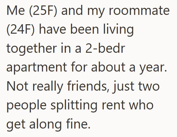 Me (25F) and my roommate (24F) have been living together in a 2-bedr apartment for about a year. Not really friends, just two people splitting rent who get along fine.